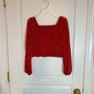 Art Class Girls Red Polka Dot Long-Sleeve Smocked Crop Top